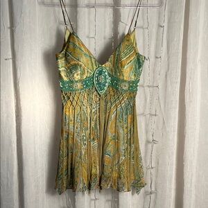 Sue Wong Elegant Silk Fringe Top in Cream, Green and Gold